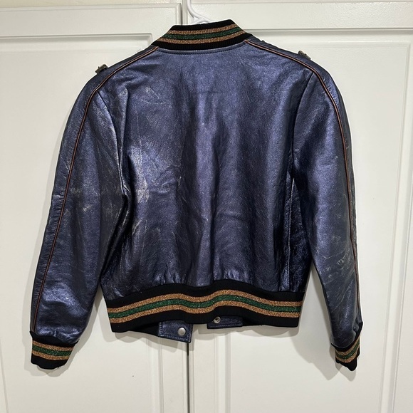 Coach Shrunken Leather Varsity Jacket In Metallic Cadet Blue I Size 2 - Picture 6 of 16